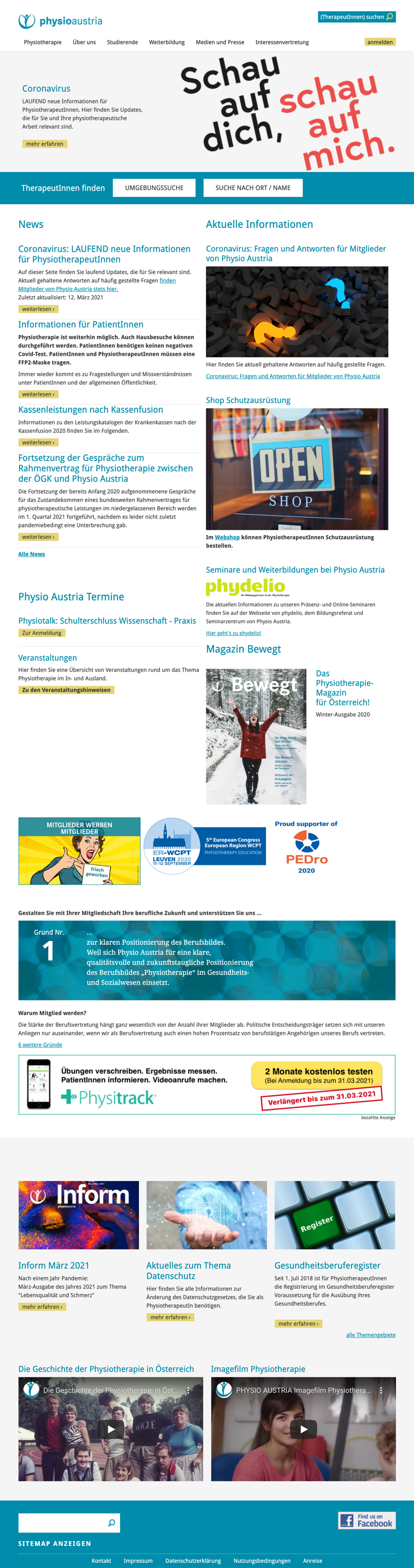 Screenshot Frontpage Physio Austria 03/21